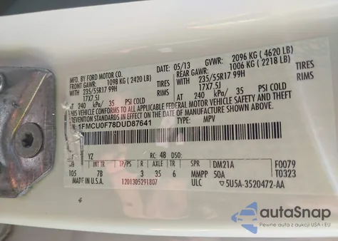 2013 Ford Escape S z USA, uszkodzony, nr VIN 1FMCU0F78DUD87641